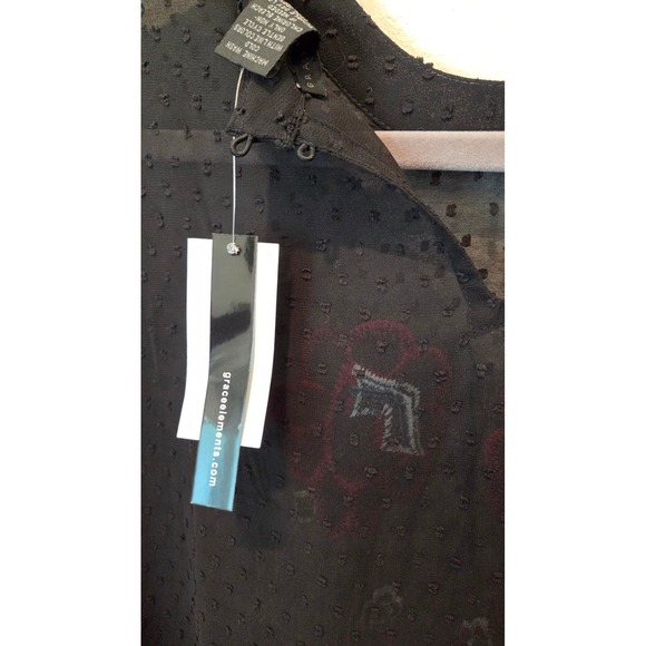 Boho Black Floral Embroidered Sheer Swiss Dot Blouse Top XL - Picture 4 of 14